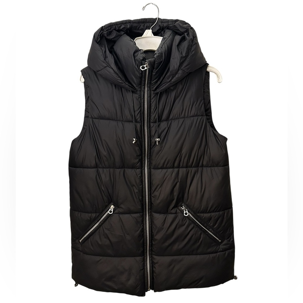 Zara Black Long Puffer Vest‎ with Hood  Size Medium
